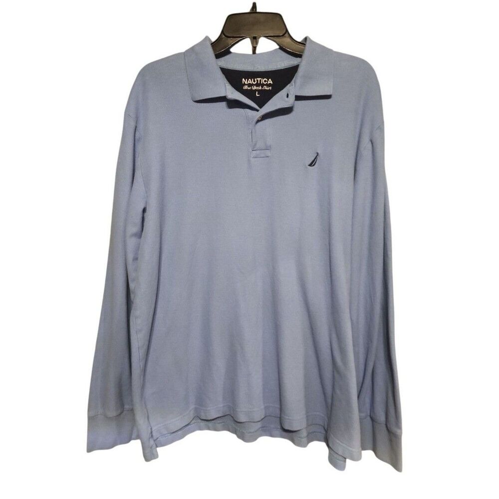 Nautica Men’s Blue Long Sleeve Polo Shirt Size L Classic Fit Cotton Pullover
